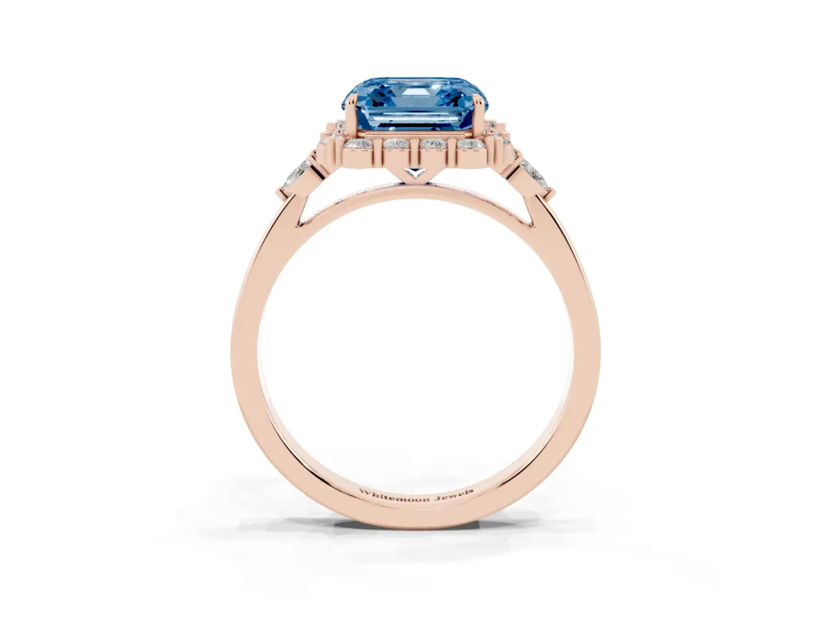 Fancy Blue Asscher Cut Diamond Halo Ring with Pear Side Stones and Prong Setting Rose gold