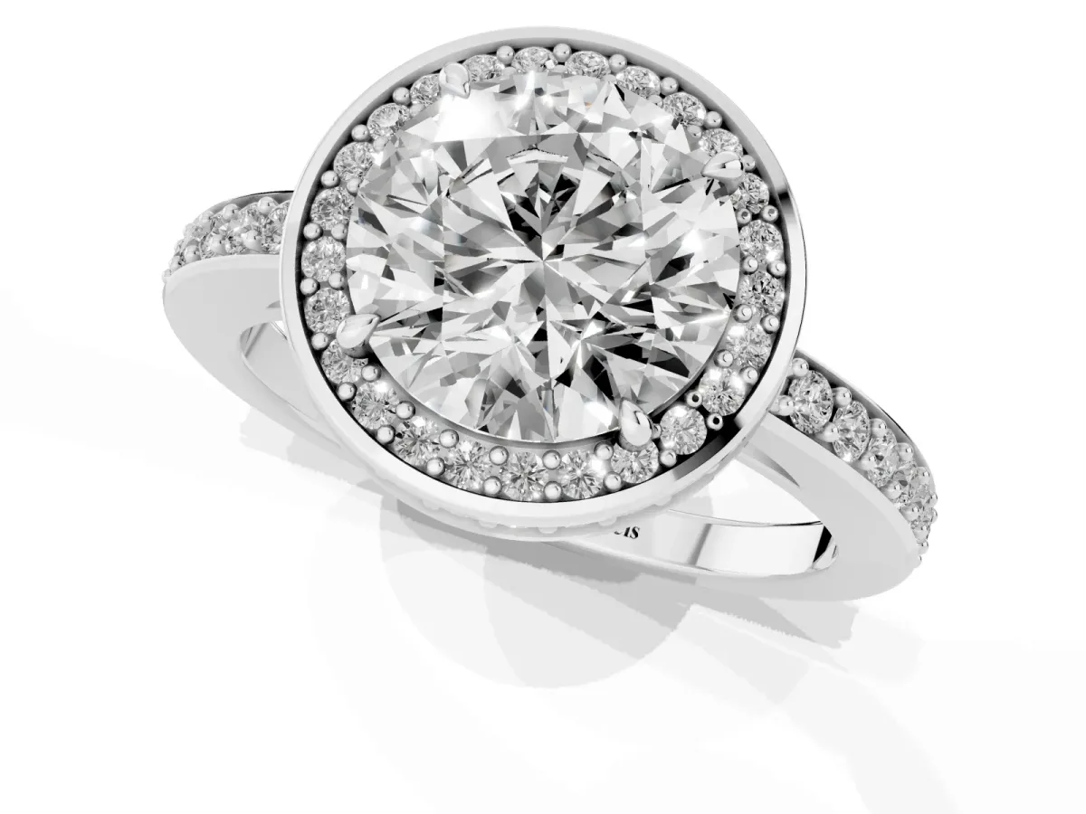 Round Cut Halo Pave Band Solitaire Ring with Prong Setting Silver