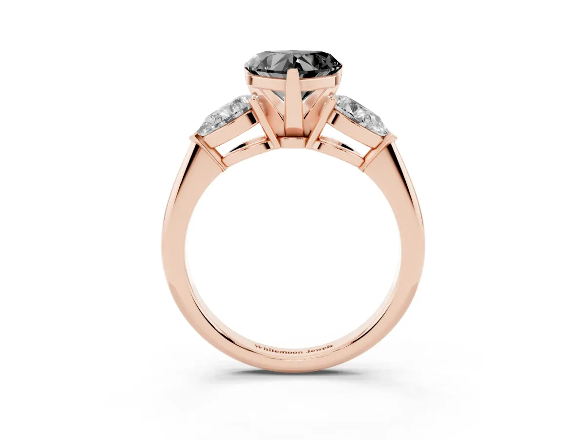 Fancy Black Three-Stone Heart Cut Diamond Ring with Pear Side Stones and Four-Prong Setting Rose gold
