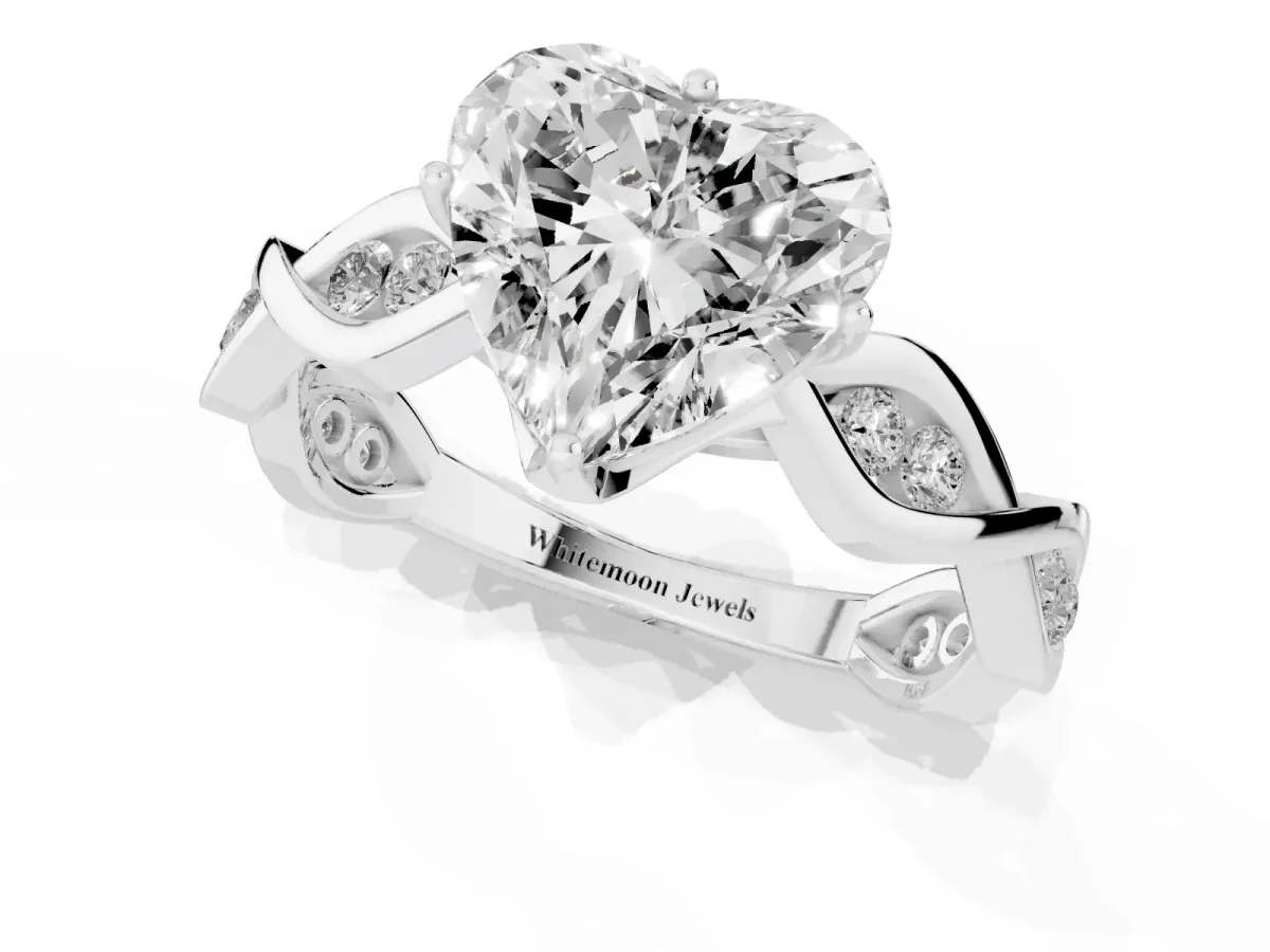 Heart Cut Solitaire Twist Band with Leaf Prong Setting Silver