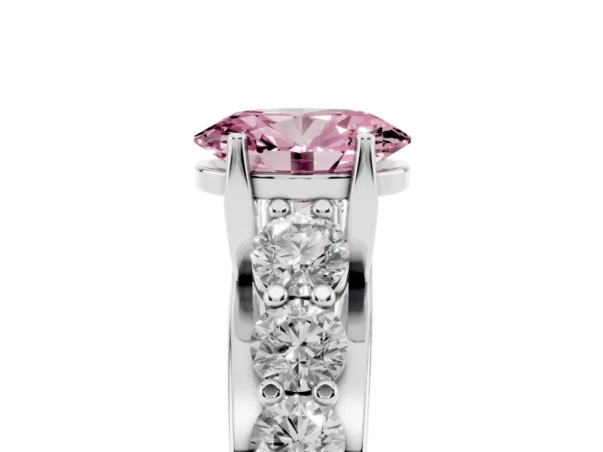 Fancy Pink Oval Cut Diamond Engagement Ring with Pavé Band and Four-Prong Setting Platinum