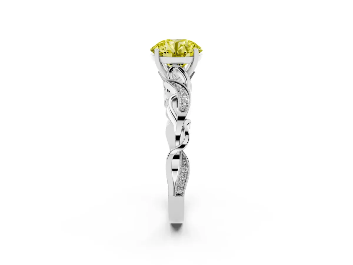 Fancy Yellow Round Cut Solitaire Vine Band with Milgrain Prong Setting Silver