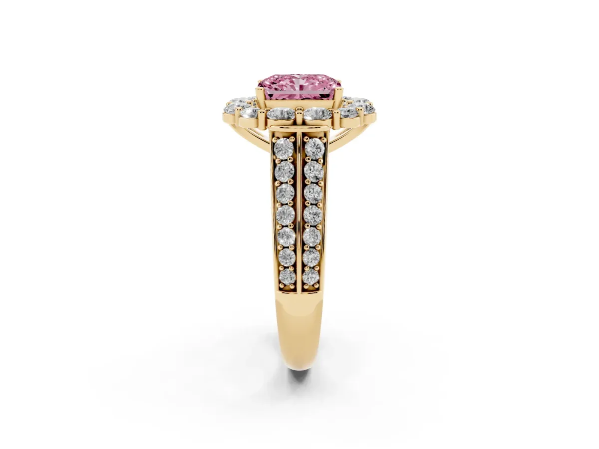 Fancy Pink Radiant Cut Halo Diamond Engagement Ring with Split Shank and Prong Setting Yellow gold