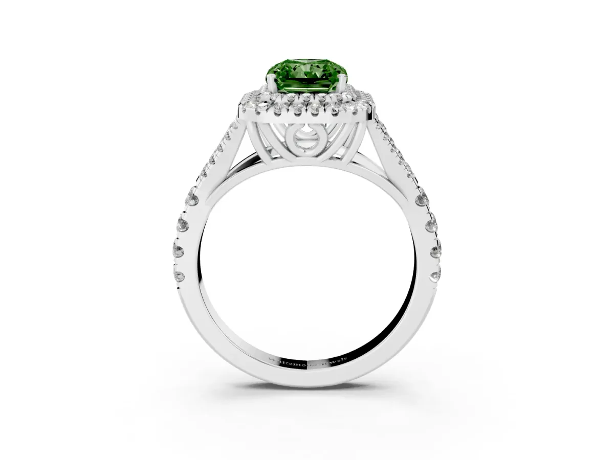 Fancy Green Double Halo Radiant Cut Diamond Split Shank Engagement Ring with Four-Prong Setting Silver