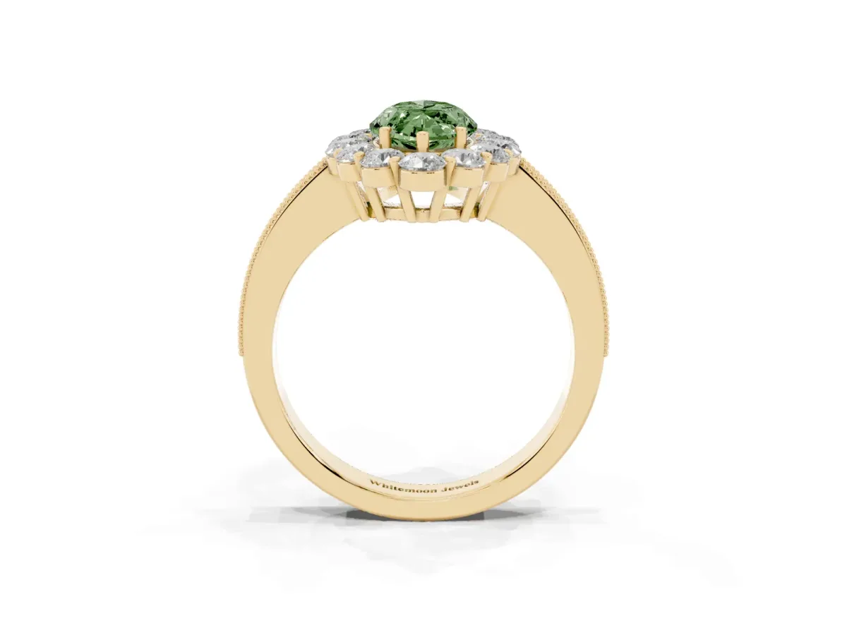 Fancy Green Marquise Cut Cut Halo Diamond Pavé Engagement Ring with Milgrain Detailing Yellow gold