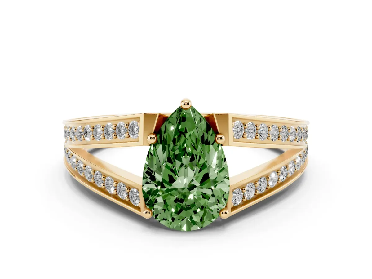Fancy Green Pear Cut Diamond Split Shank Ring with Pavé Band and Four-Prong Setting Yellow gold
