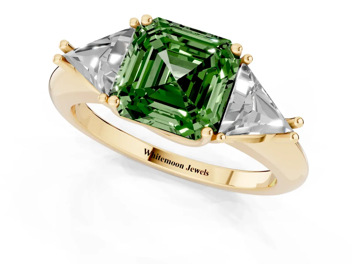 Fancy Green Three-Stone Asscher Cut Diamond Engagement Ring with Trillion Side Stones and Prong Setting Yellow gold