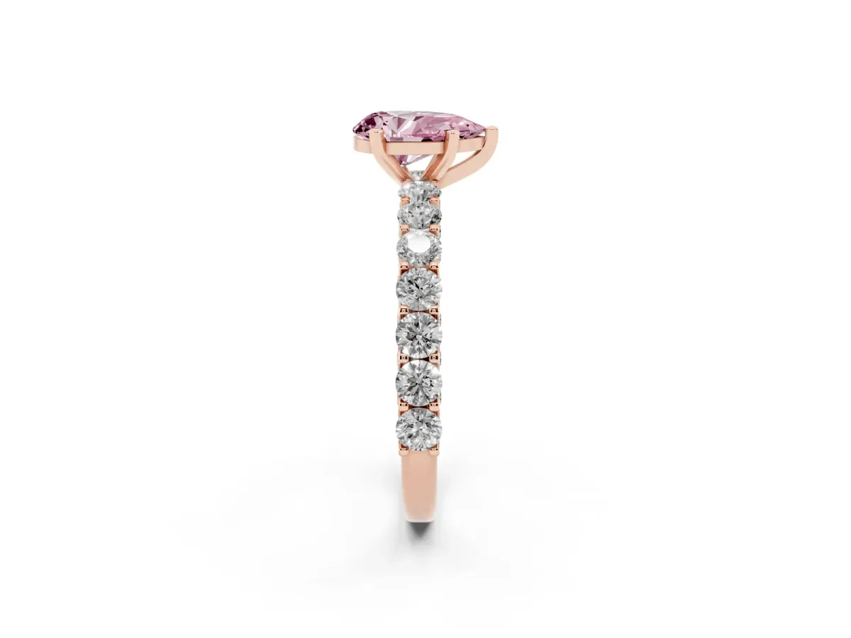 Fancy Pink Pear Cut Diamond Solitaire Ring with Shared Prong Pavé Band and Four-Prong Setting Rose gold
