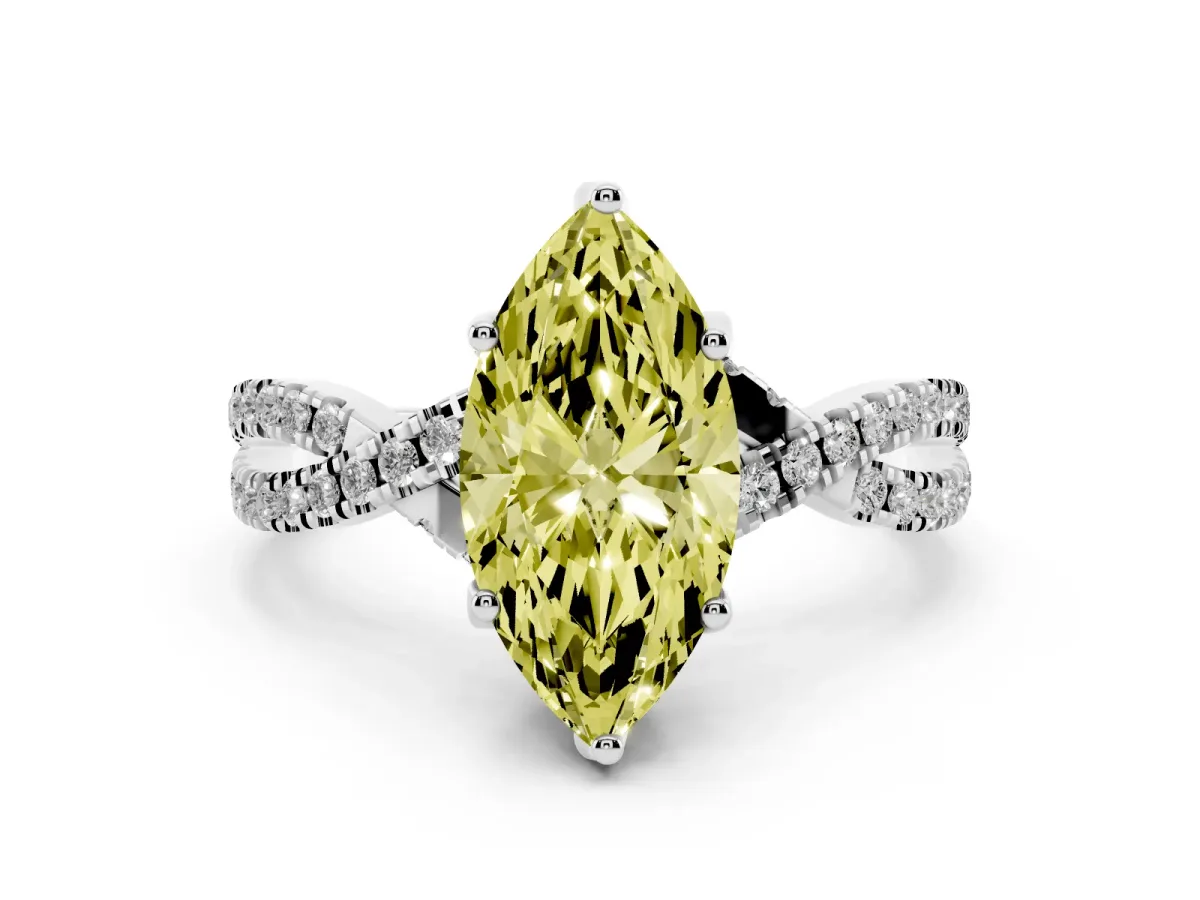 Fancy Yellow Marquise Cut Solitaire Twist Pave Diamond Engagement Ring with Prong Setting Silver