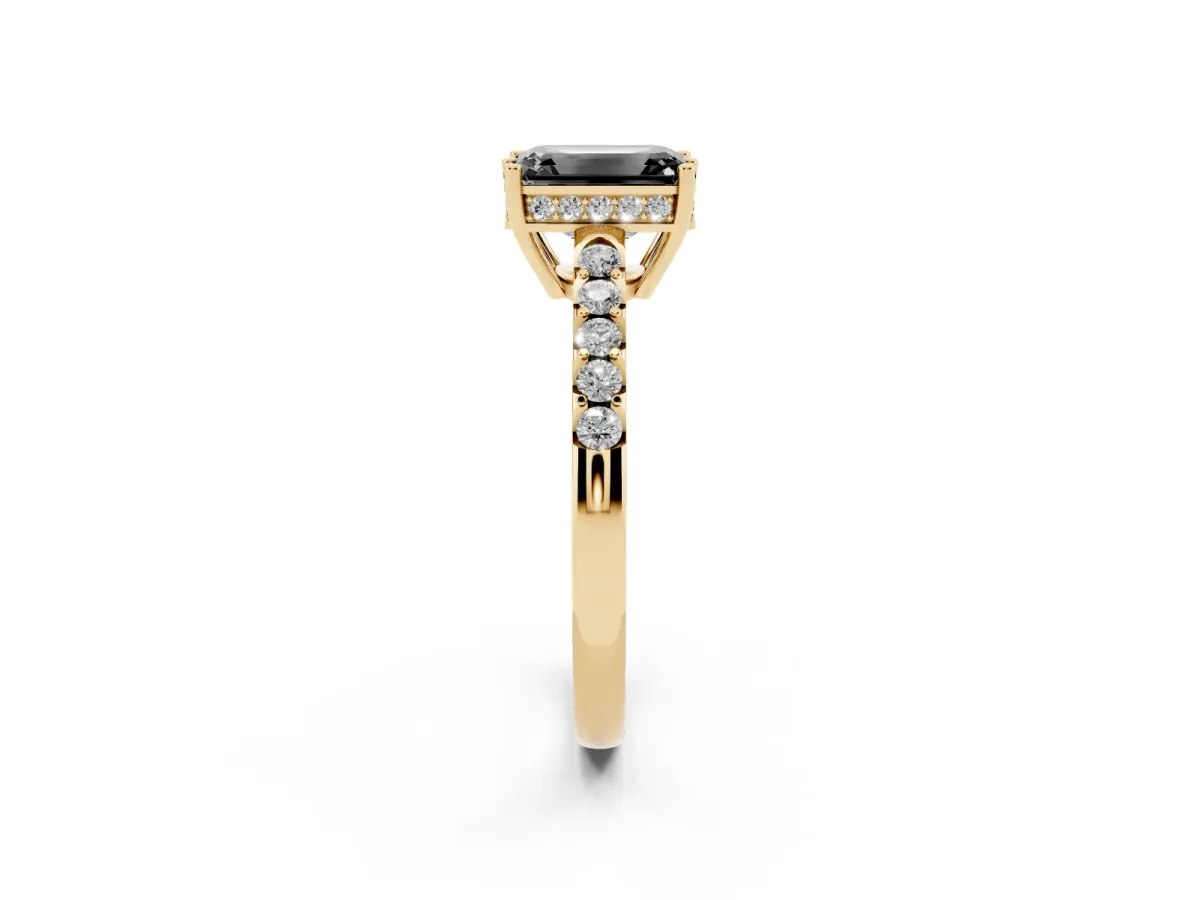 Fancy Black Emerald Cut Solitaire Diamond Engagement Ring with Pavé Band and Six-Prong Setting Yellow gold