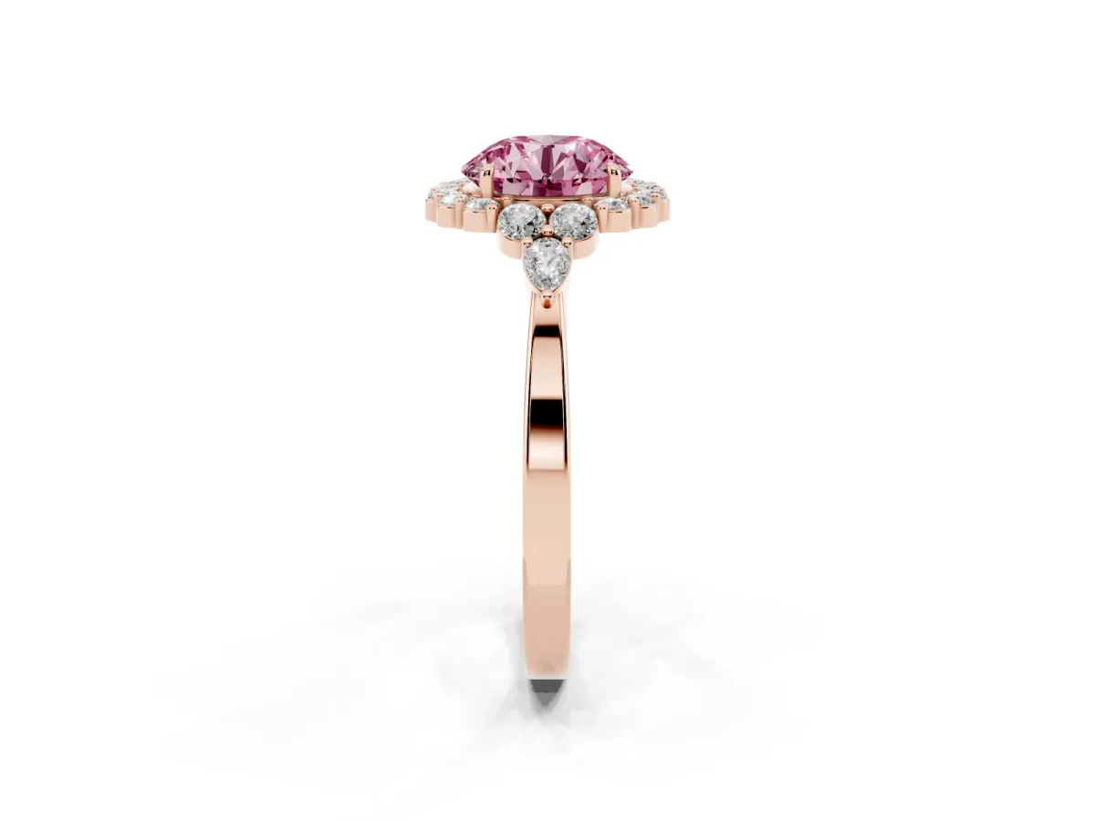 Fancy Pink Round Cut Diamond Halo Ring with Pear Side Stones and Prong Setting Rose gold