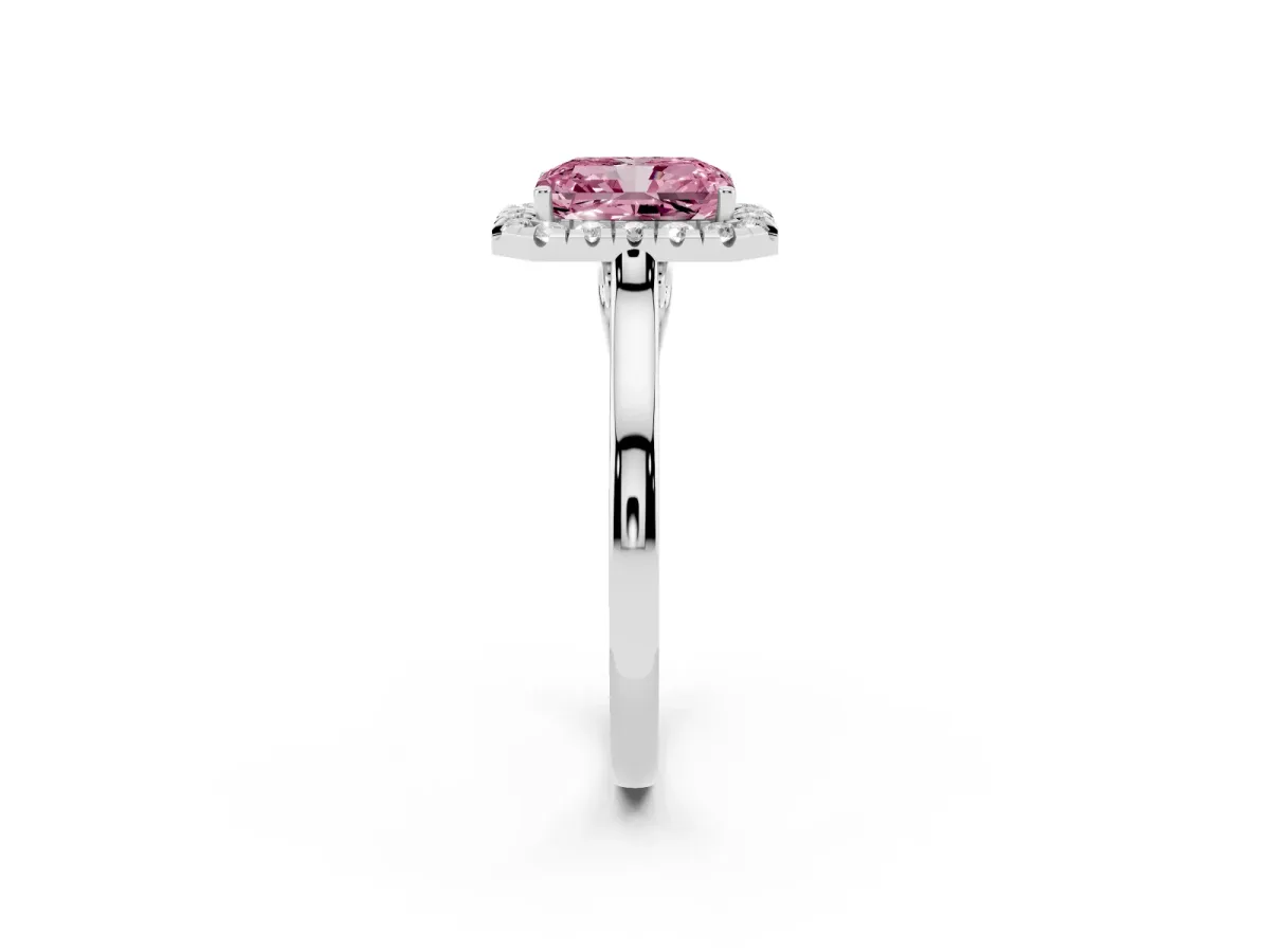Fancy Pink Radiant Cut Halo Round Diamond Solitaire Ring with Pavé Band and Four-Prong Setting Silver
