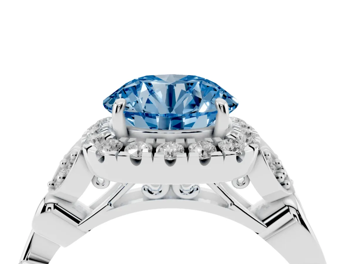 Fancy Blue Round Cut Halo Diamond Engagement Ring with Vintage-Inspired Band and Four-Prong Setting Silver