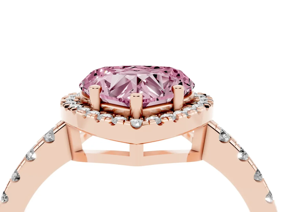 Fancy Pink Heart Cut Diamond Halo Ring with Pavé Band and Four-Prong Setting Rose gold