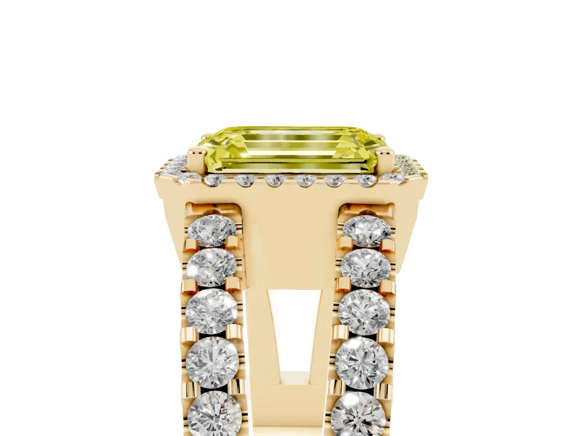 Fancy Yellow Emerald Cut Cut Halo Split Shank Diamond Ring with Four-Prong Setting Yellow gold