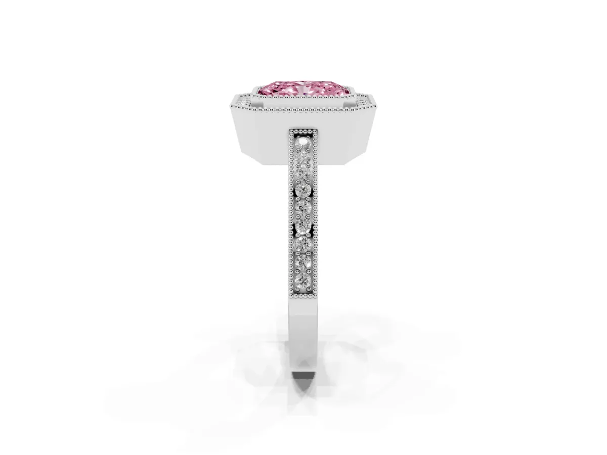 Fancy Pink Radiant Cut Cut Halo Diamond Ring with Pavé Band and Milgrain Prong Setting Platinum