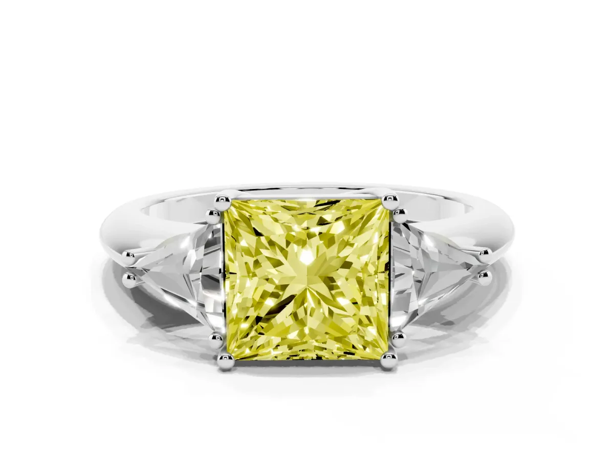 Fancy Yellow Three-Stone Princess Cut Diamond Engagement Ring with Trillion Side Stones and Prong Setting Silver