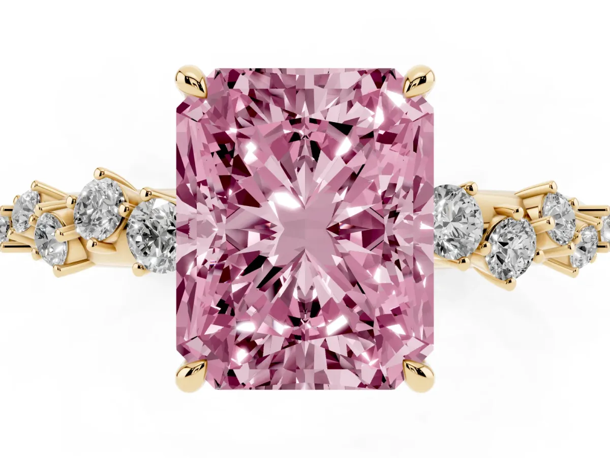 Fancy Pink Radiant Cut Diamond Cluster Side Stone Solitaire Ring with Prong Setting Yellow gold