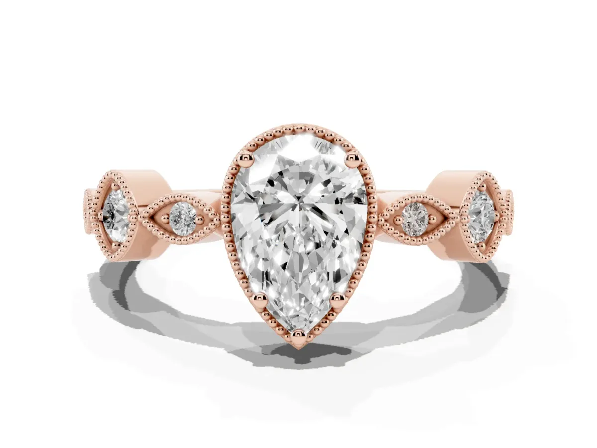Pear Cut Diamond Vintage Milgrain Ring with Round Stations Rose gold