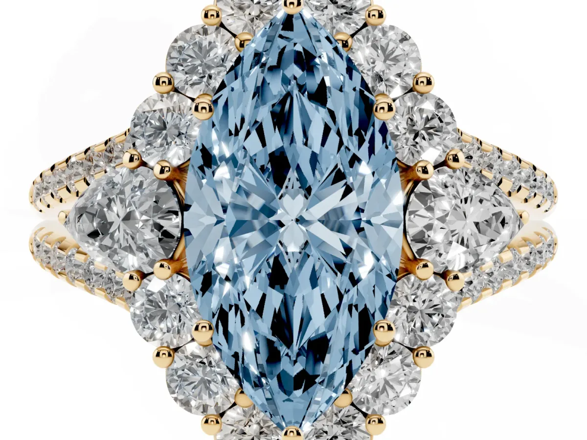 Fancy Blue Marquise Cut Halo Split Shank Diamond Engagement Ring with Prong Setting Yellow gold