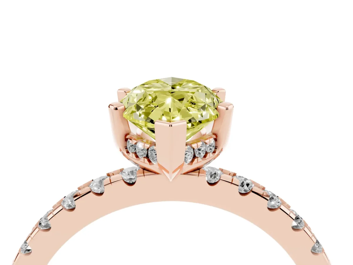 Fancy Yellow Marquise Cut Diamond Solitaire Ring with Round Pavé Band and Four-Prong Setting Rose gold