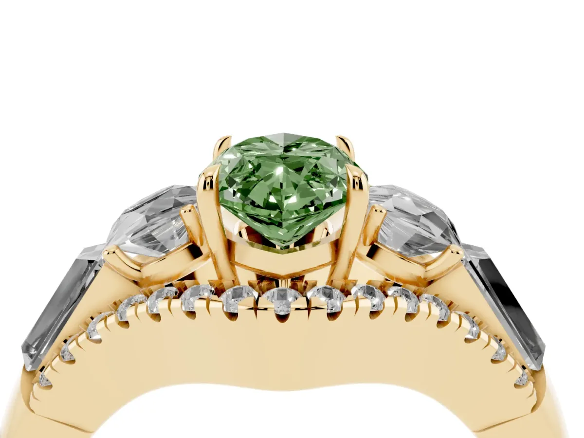 Fancy Green Three-Stone Marquise Cut Diamond Engagement Ring with Pave Band and Prong Setting Yellow gold