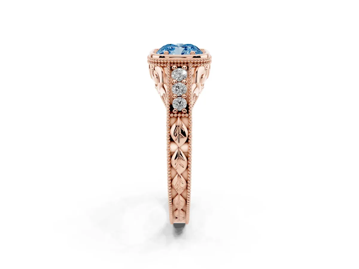 Fancy Blue Bezel Set Cushion Cut Diamond Milgrain Pave Engagement Ring Rose gold