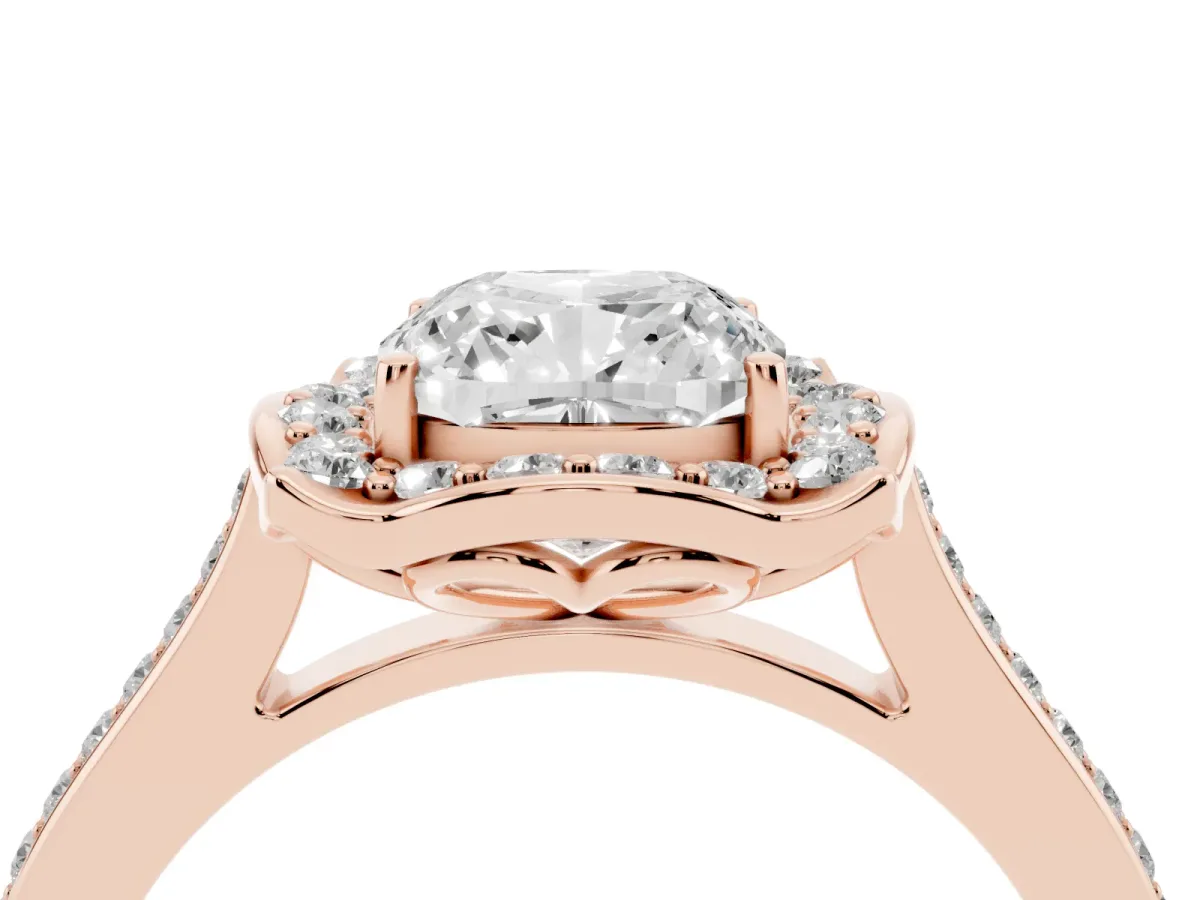Cushion Cut Halo Round Diamond Pave Band with Four-Prong Setting Rose gold