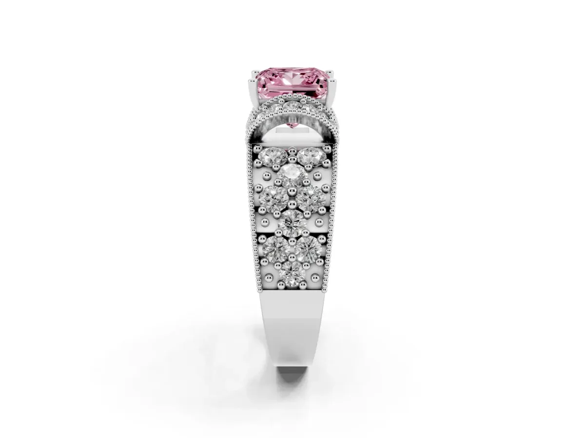 Fancy Pink Princess Cut Halo Pave Diamond Engagement Ring with Milgrain Detailing Silver