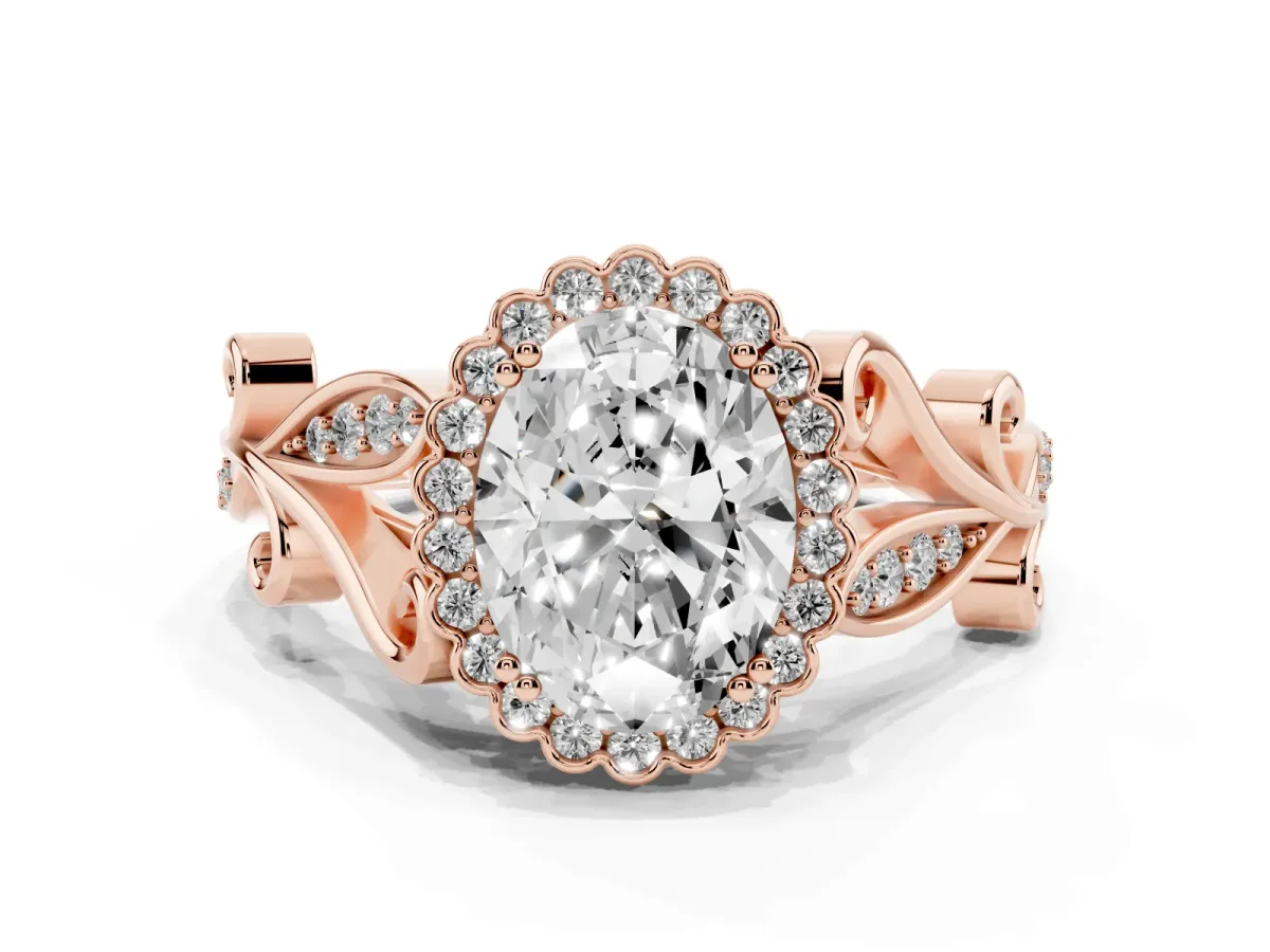 Oval Cut Diamond Halo Ring with Vintage Split Shank and Four-Prong Setting Rose gold