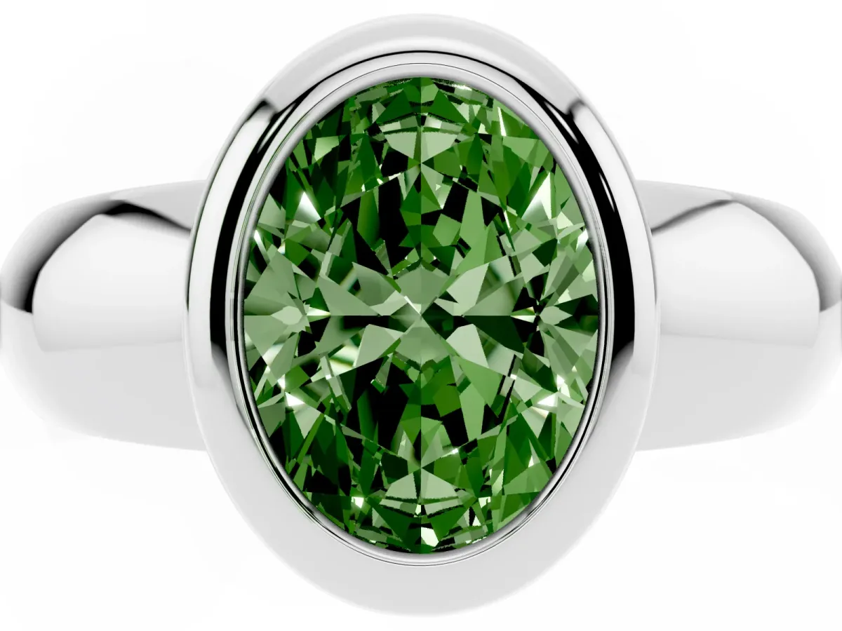 Fancy Green Bezel Set Oval Cut Solitaire Ring with Wide Band Silver