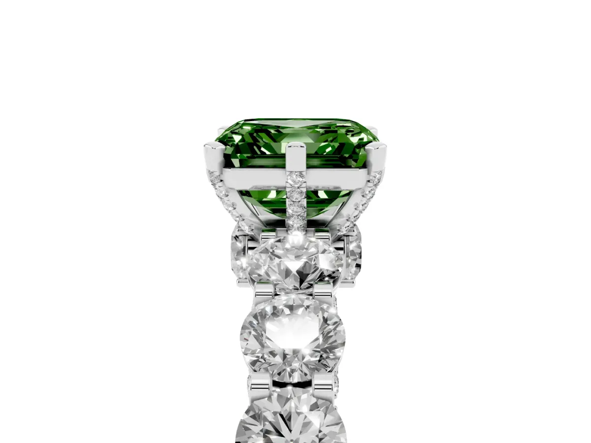 Fancy Green Asscher Cut Diamond Side Stone Engagement Ring with Four-Prong Setting White gold