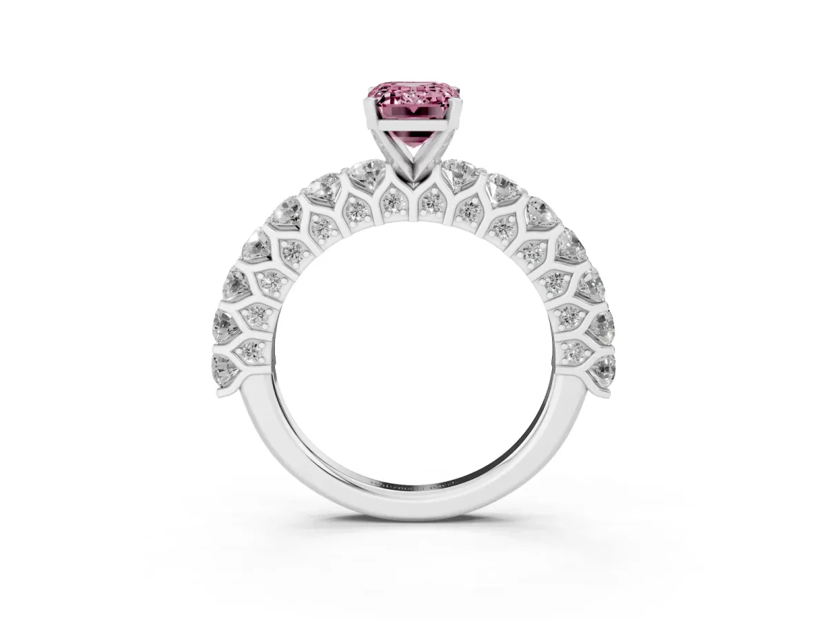 Fancy Pink Emerald Cut Diamond Solitaire Ring with Shared Prong Pavé Band and Four-Prong Setting Silver