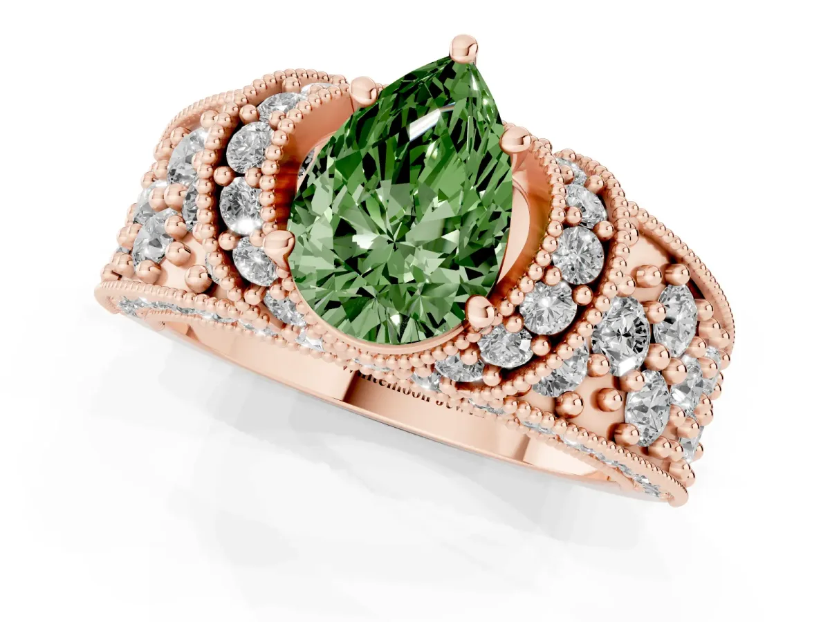 Fancy Green Pear Cut Halo Pave Diamond Engagement Ring with Milgrain Detailing Rose gold