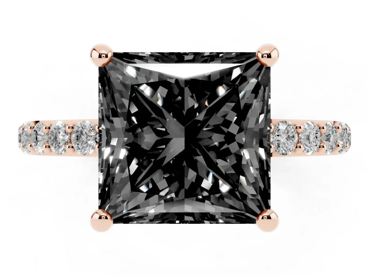 Fancy Black Princess Cut Diamond Solitaire Ring with Round Pavé Band and Prong Setting Rose gold