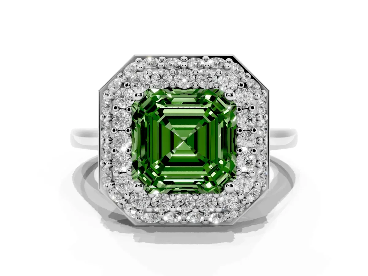Fancy Green Asscher Cut Halo Diamond Engagement Ring with Solitaire Band and Four-Prong Setting Silver