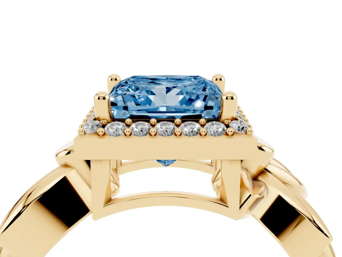 Fancy Blue Princess Cut Halo Diamond Floral Band with Four-Prong Setting Yellow gold