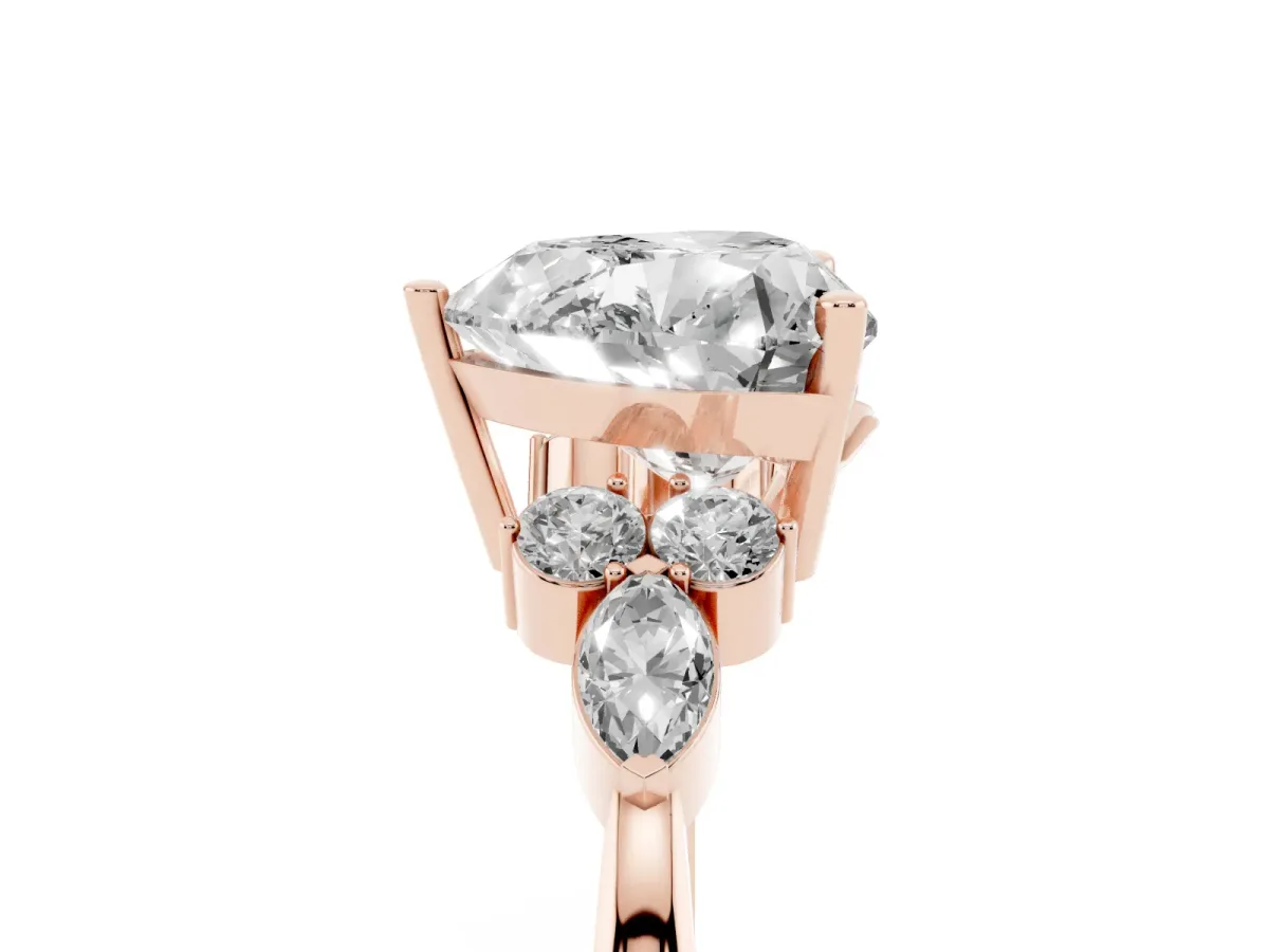 Heart Cut Brilliant Diamond Solitaire Ring with Pear Side Stones and Four-Prong Setting Rose gold