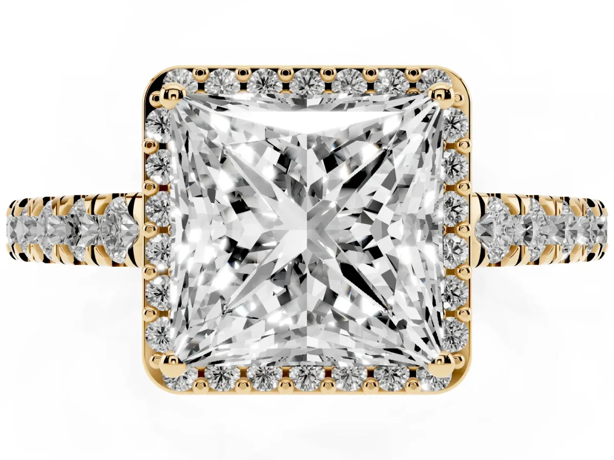 Princess Cut Cut Halo Diamond Engagement Ring with Pave Band and Four-Prong Setting Yellow gold