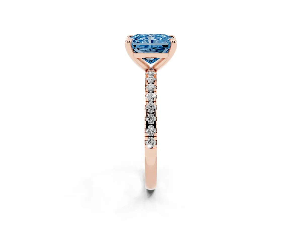 Fancy Blue Radiant Cut Diamond Brilliant Solitaire Ring with Pavé Band and Four-Prong Setting Rose gold
