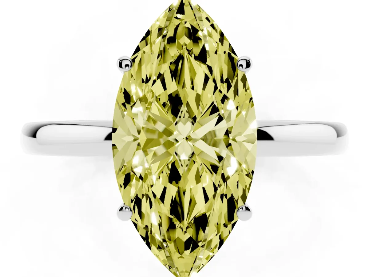Fancy Yellow Marquise Cut Solitaire Diamond Ring with Prong Setting and Plain Band Silver