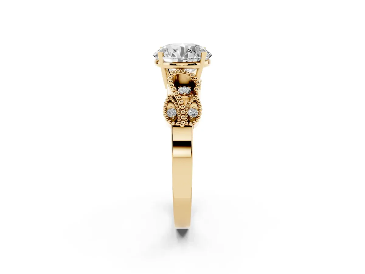 Round Cut Solitaire Milgrain Leaf Band with Prong Setting Yellow gold
