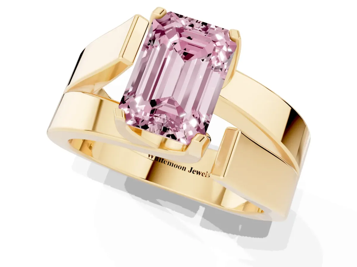Fancy Pink Modern Tension Set Emerald Cut Diamond Solitaire Wide Band Ring Yellow gold