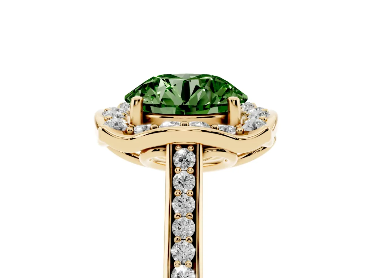 Fancy Green Round Cut Halo Round Diamond Pave Band with Four-Prong Setting Yellow gold