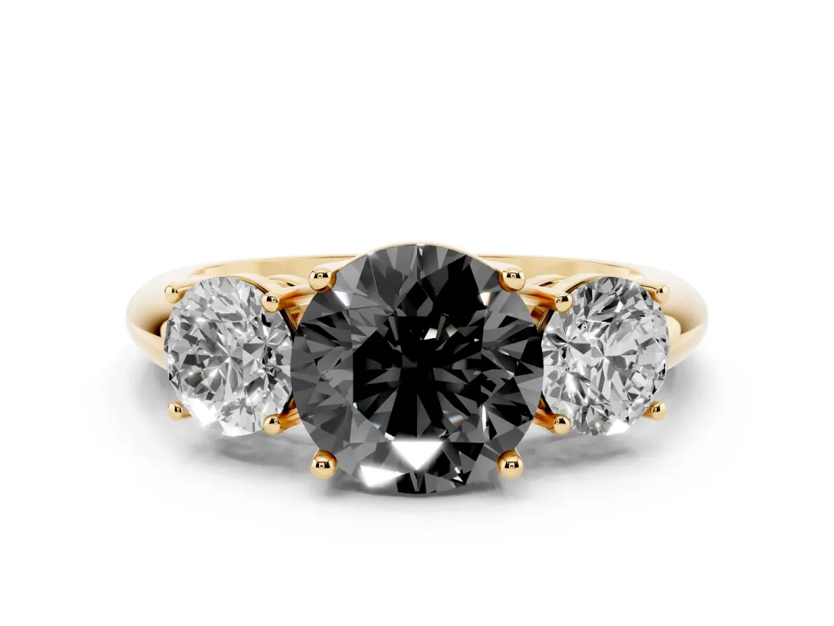 Fancy Black Three-Stone Round Cut Cut Diamond Engagement Ring with Prong Setting on a White Gold Band Yellow gold