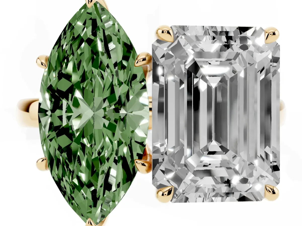 Fancy Green Marquise Cut and Emerald Cut Toi Moi Ring with Prong Setting Yellow gold