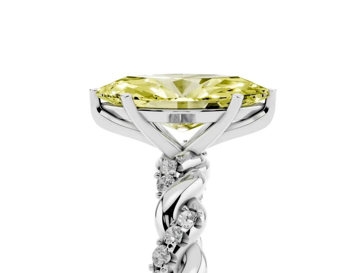 Fancy Yellow Marquise Cut Diamond Solitaire Ring with Twisted Band and Pavé Accents Platinum