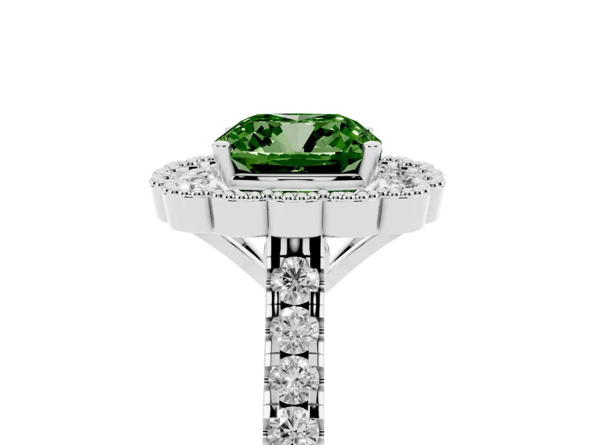 Fancy Green Cushion Cut Cut Diamond Milgrain Floral Halo Engagement Ring with Pavé Band Silver