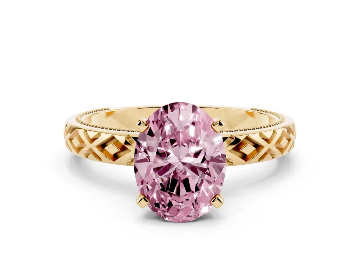 Fancy Pink Oval Cut Solitaire Diamond Ring with Milgrain and Black Enamel X Pattern Band Yellow gold