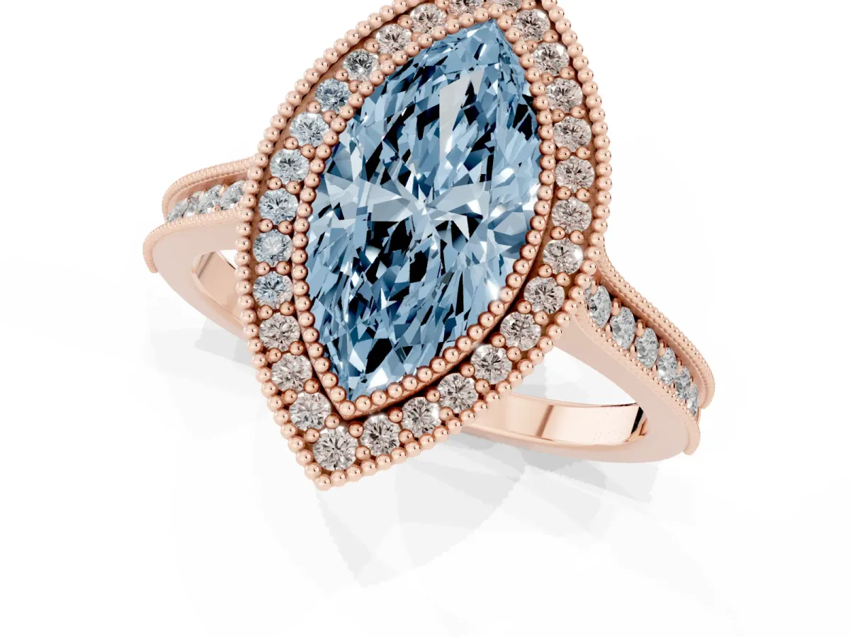 Fancy Blue Halo Marquise Cut-Cut Diamond Pave Band Milgrain Prong Setting Ring Rose gold